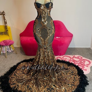 The “ Empress “ Black and Gold Sequin Gown Dress w/ feather fur boa train