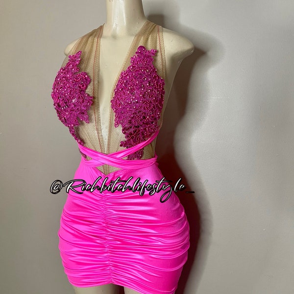 Die “ April “ Kristall und Spitze Mesh sehen durch Kleid ( Hot Pink )