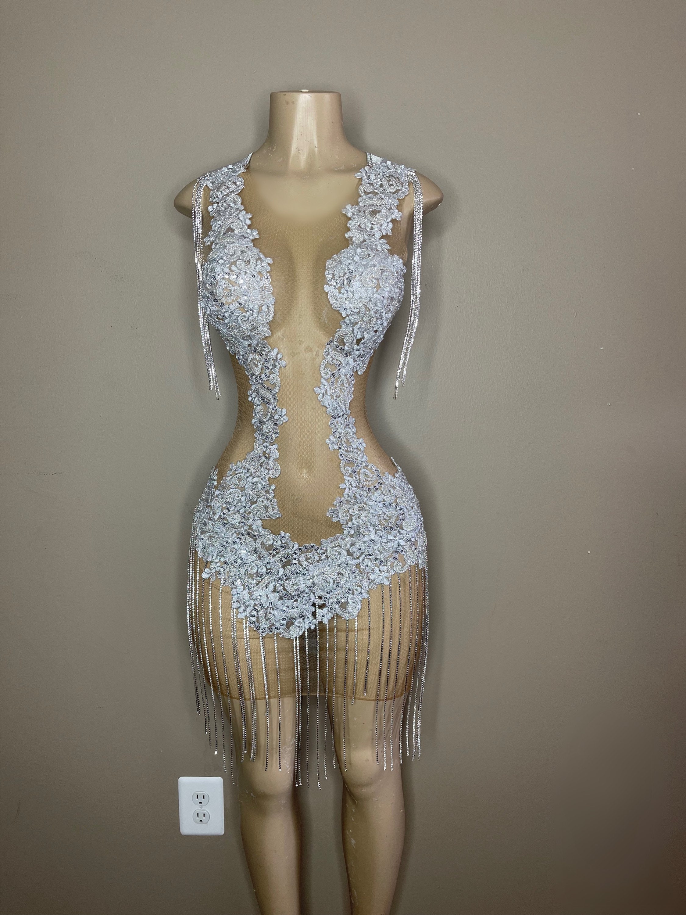 The Aliyah Crystal and Lace Mesh See Through Dress W/ - Etsy