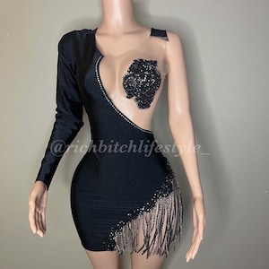 The Lexi rhinestone fringe lace appliqué dress