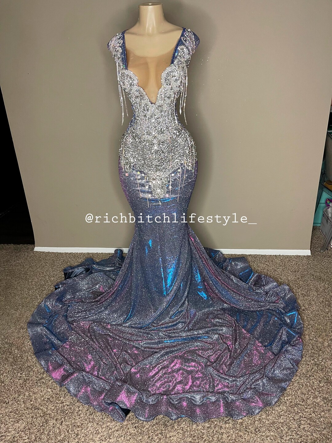 The Adrianna Galaxy Spandex Crystal Dress in Purple/blue - Etsy