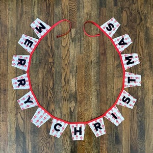 Merry Christmas Banner - Small Flags - Vintage Santa Fabric - Handmade Fabric Bunting