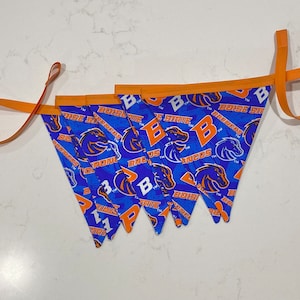 May include: A blue and orange fabric banner with the words "Boise State Broncos" repeated throughout. The banner is strung together with orange ribbon.