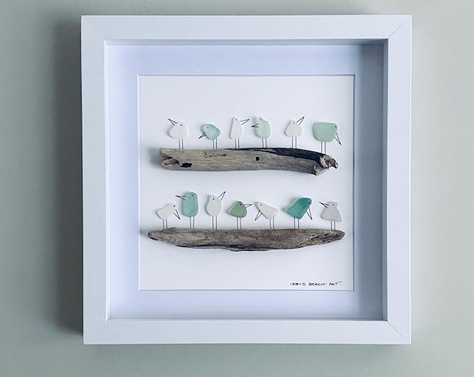 Cornish Sea Glass Birds on Driftwood Picture • Framed Coastal Wall Art • Unique Quirky Artwork • Handmade in Cornwall