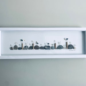 Quirky Seagull Sea Glass Wall Art - Framed Panoramic Picture Handmade in Cornwall