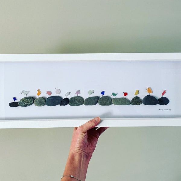 Cornish Sea Glass Art • Rainbow Sea Glass Beach Birds on Pebbles • Panoramic Picture • Handmade in Cornwall