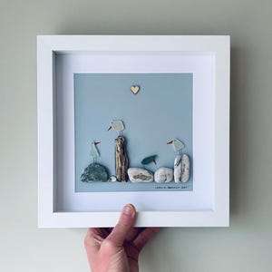 Four Sea Glass Beach Birds on Pebbles and Driftwood • Sea Glass Art Personalised Family Picture • Handmade in Cornwall