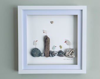 Five Sea Glass Beach Birds Family Picture • Birds on Pebbles and Driftwood • Cornish Sea Glass Art • Handmade in Cornwall
