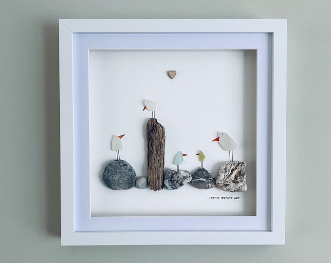 Cornish Sea Glass Bird Wall Art • Coastal Home Decor • Framed Pebble Picture • Handmade in Cornwall
