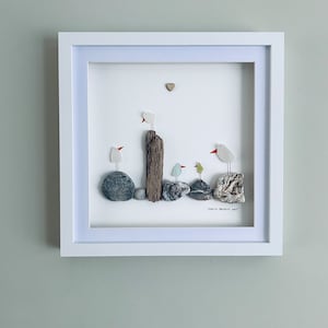 Five Sea Glass Beach Birds Family Picture • Birds on Pebbles and Driftwood • Cornish Sea Glass Art • Handmade in Cornwall
