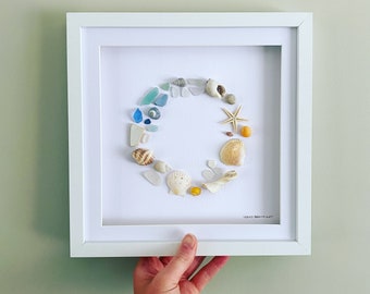 Cornish Sea Glass Art • Coastal Wreath Picture • Shell Art • Handmade in Cornwall