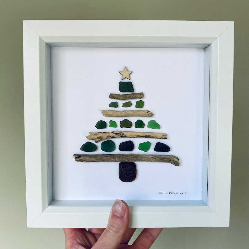 Cornish Sea Glass Art Christmas Tree Picture Gift Handmade in Cornwall image 3