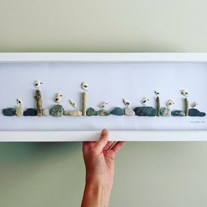 Large Panoramic Cornish Seagull Picture • Seagulls on Pebbles and Driftwood • Handmade in Cornwall