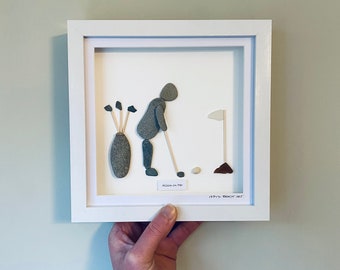 Father’s Day Gift • Playing Golf Pebble Art Picture • Handmade in Cornwall