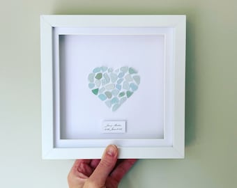 Blue Cornish Sea Glass Heart Picture • Sea Glass Art • Handmade in Cornwall