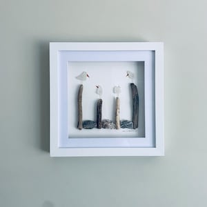 Cornish Seagulls on Driftwood and Pebbles Picture • Handmade in Cornwall