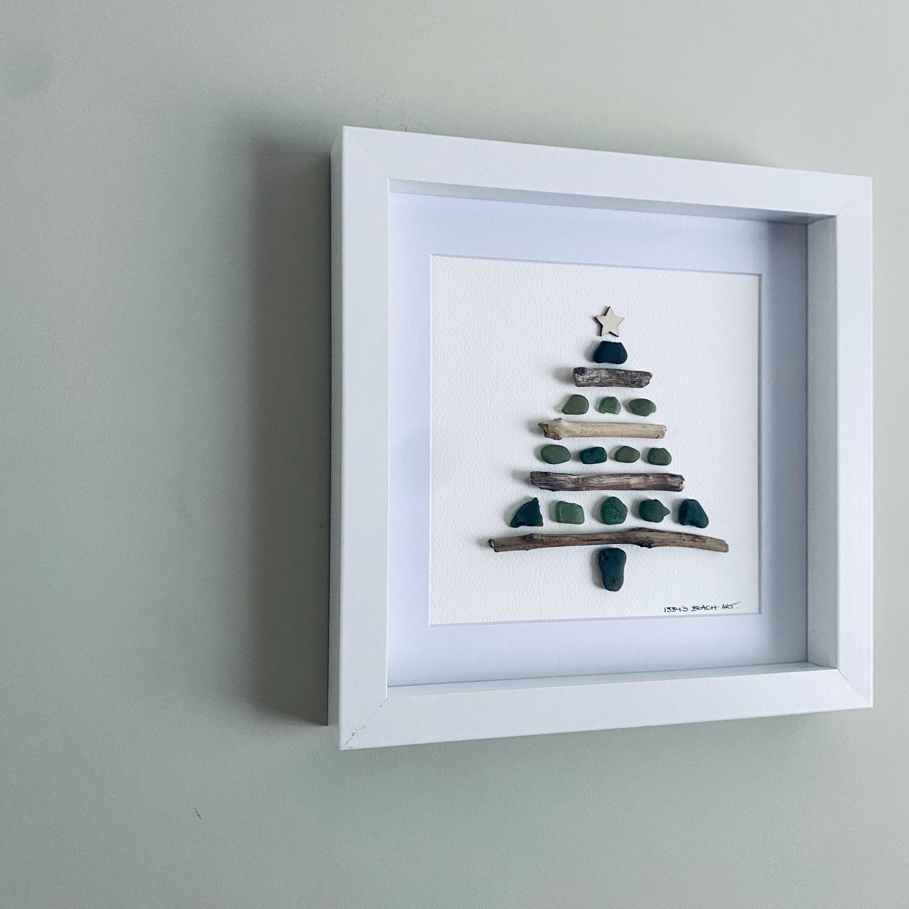 Cornish Sea Glass & Driftwood Christmas Tree Wall Art • Framed