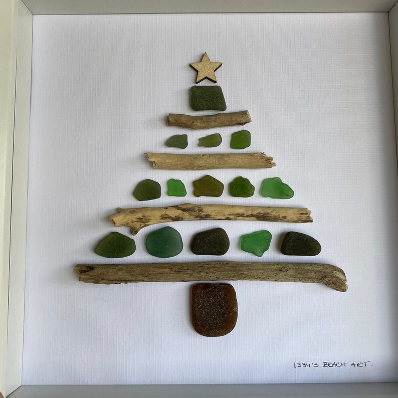 Cornish Sea Glass Art Christmas Tree Picture Gift Handmade in Cornwall image 5