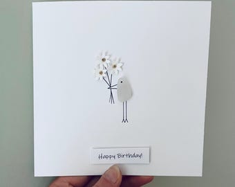 Personalised Birthday Card • Cornish Sea Glass Bird & Flower Art • Handmade in Cornwall