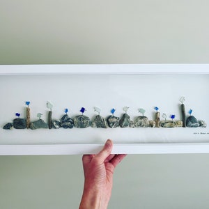 Cornish Sea Glass Art • Large Panoramic Sea Glass Beach Birds on Rocks and Driftwood Picture •Handmade in Cornwall