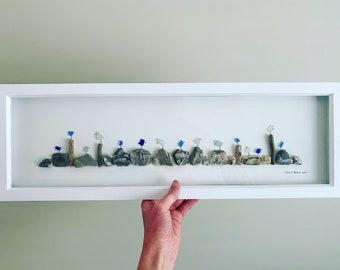 Cornish Sea Glass Art • Large Panoramic Sea Glass Beach Birds on Rocks and Driftwood Picture •Handmade in Cornwall