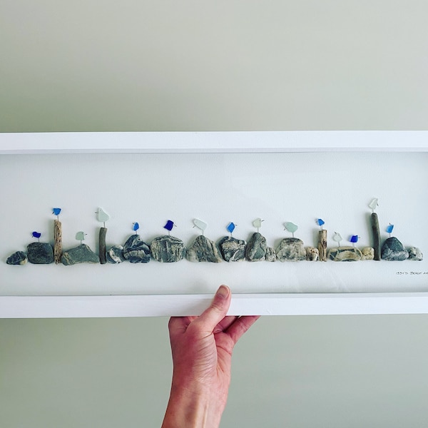 Cornish Blue Sea Glass Birds on Pebbles & Driftwood Picture - Framed Panoramic Wall Art • Coastal Home Decor • Handmade in Cornwall