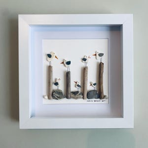 Cornish Seagulls on Driftwood and Pebbles Picture • Handmade in Cornwall