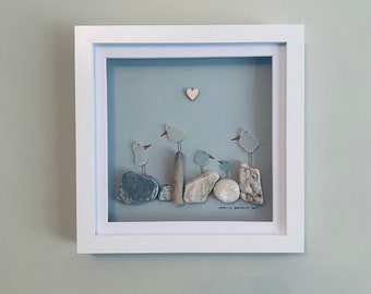 Five Sea Glass Beach Birds on Rocks and Driftwood Family Picture • Cornish Sea glass Art • Handmade in Cornwall