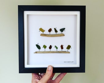 Cornish Sea Glass Art • Sea Glass Beach Birds on Driftwood Picture • Handmade in Cornwall