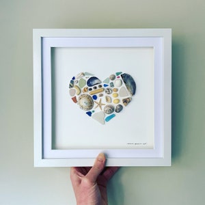 Large Coastal Heart Picture • Shell Art and Sea Glass Picture • Handmade in Cornwall