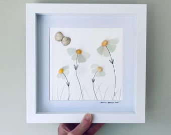 Sea Glass Flower Wall Art - Botanical Framed Picture Handmade in Cornwall