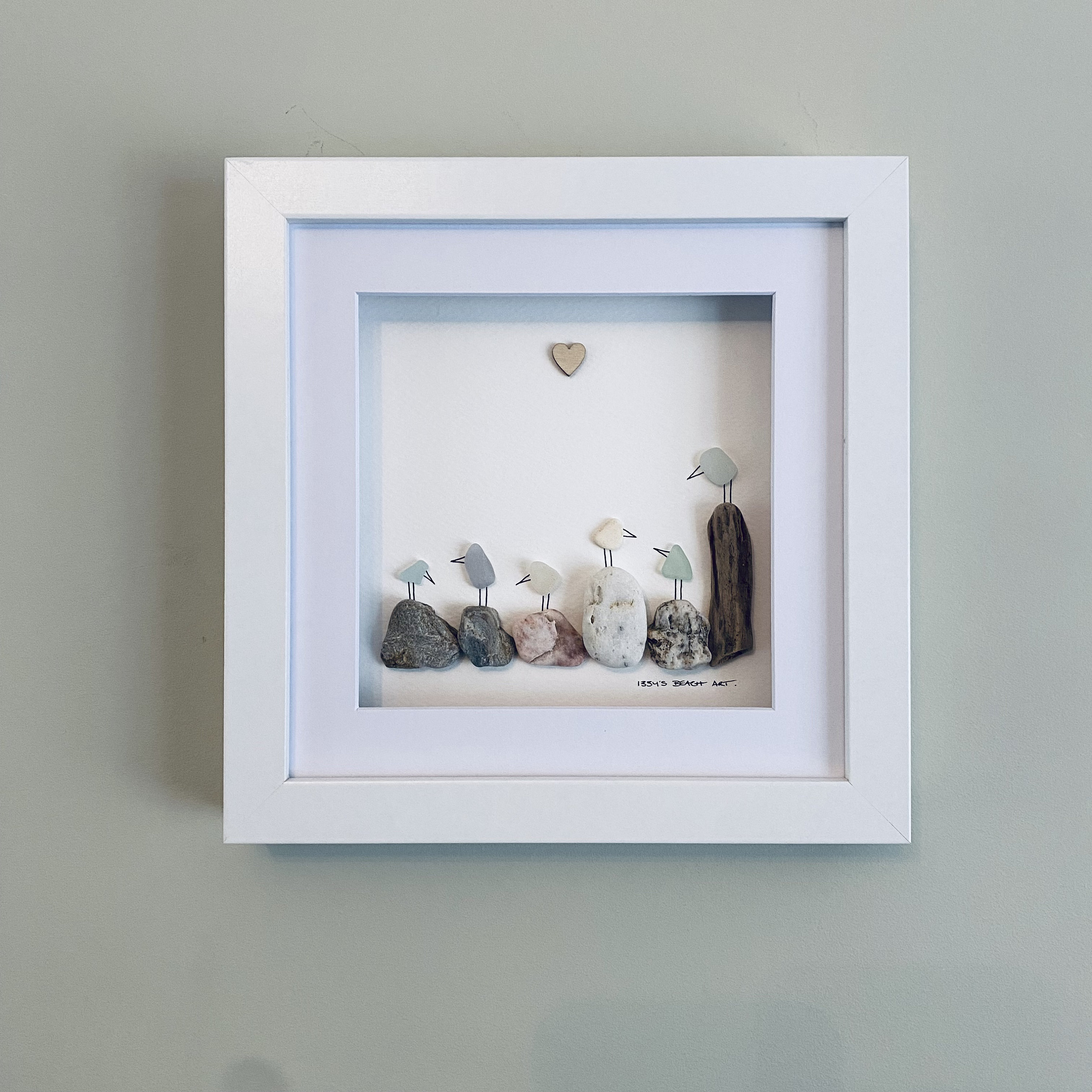 Six Sea Glass Beach Birds on rocks and driftwood Family Picture • Handmade in Cornwall
