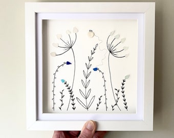 Sea Glass Flower Wall Art - Framed Botanical Picture Handmade in Cornwall