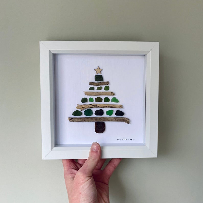 Cornish Sea Glass Art Christmas Tree Picture Gift Handmade in Cornwall image 2