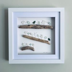 Cornish Sea Glass Art • Sea Glass Beach Birds on Driftwood Picture • Sea Birds • Handmade in Cornwall