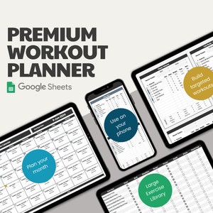 Könnte beinhalten: Eine digitale Trainingsplan-Vorlage für Google Sheets. Die Vorlage enthält einen Monatskalender, ein Trainingsprotokoll, eine Übungsbibliothek und die Verfolgung von Muskelzielen. Die Vorlage kann auf einem Telefon oder Tablet verwendet werden.