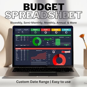 May include: A laptop computer displaying a Google Sheets spreadsheet with a budget tracker. The spreadsheet includes charts and graphs showing income and expenses. The text on the screen reads "BUDGET SPREADSHEET" and "Biweekly, Semi-Monthly, Monthly, Annual & More". The text below the laptop reads "Custom Date Range | Easy to use".