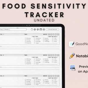 May include: A digital food sensitivity tracker on a tablet screen. The tracker includes sections for meal number, time, symptoms, mood, and symptom onset. The tracker is designed for use with apps like GoodNotes, Notability, and Preview on Apple.