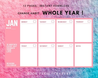Printable Reading Tracker Calendar – Daily Reading Habit Planner, Book Log PDF, Yearly Challenge