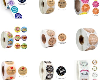 May include: A collection of sticker rolls featuring various designs and text. The stickers include phrases like "Thank You," "Awesome," and "Celebrating." The stickers are round, with a diameter of approximately 1 inch (2.5 cm).