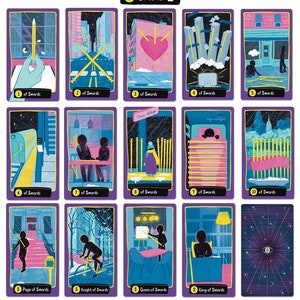May include: A deck of tarot cards with illustrations of swords in a variety of scenes. The cards are purple with yellow accents and feature a variety of scenes, including a city street, a cafe, and a bedroom. The cards are numbered 1 through 10, as well as Page, Knight, Queen, and King.