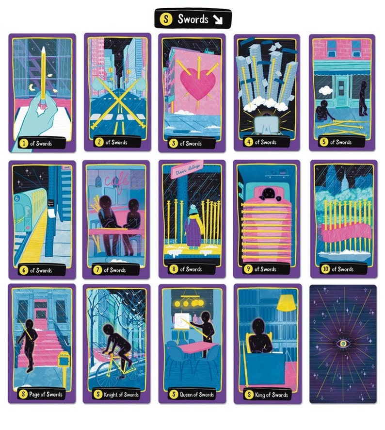 May include: A deck of tarot cards with illustrations of swords in a variety of scenes. The cards are purple with yellow accents and feature a variety of scenes, including a city street, a cafe, and a bedroom. The cards are numbered 1 through 10, as well as Page, Knight, Queen, and King.