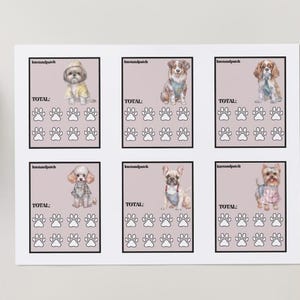 May include: A sheet of six cards featuring watercolor illustrations of different dog breeds. Each card has a paw print design and the word "TOTAL:" at the top. The dogs are dressed in various outfits.
