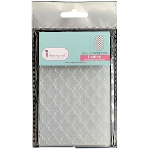 May include: A clear plastic embossing folder with a geometric lattice pattern. The folder is 3 inches by 5 inches and is packaged in a clear plastic bag with a header card that says "dress my craft" and "Lattice Embossing Folder".