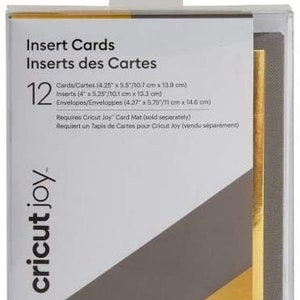 May include: A package of 12 gold and gray insert cards for Cricut Joy. The package includes 12 cards, 12 inserts, and 12 envelopes. The cards measure 4.25 inches by 5.5 inches. The inserts measure 4 inches by 5.25 inches. The envelopes measure 4.37 inches by 5.75 inches. Requires a Cricut Joy Card Mat, sold separately.