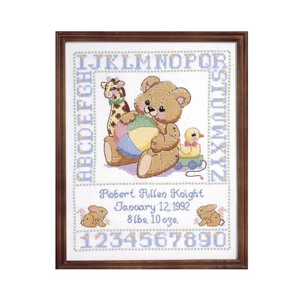 Janlynn Bear Stamped Birth Sampler Cross Stitch Kit 11"X14" | Nursery Shower Gift | DIY Kit