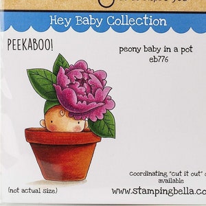 May include: A package featuring a "Hey Baby Collection" stamp. The illustration shows a baby peeking out of a terracotta pot, with a large pink peony flower and green leaves. The text reads "PEEKABOO!" and "peony baby in a pot".