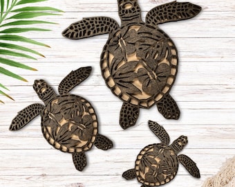 Hibiscus Sea Turtle Family Set Wall Art: Hawaiian Tropical Decor