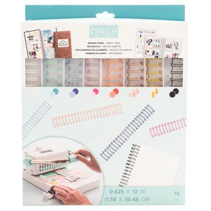 May include: A variety pack of Cinch binding wires in assorted colors, including silver, blue, pink, orange, gold, and black. The package also includes a binding machine and a notebook. The dimensions are 0.625 x 12 inches.