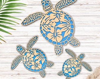 Hibiscus Sea Turtle Family Set Wall Art: Hawaiian Tropical Decor